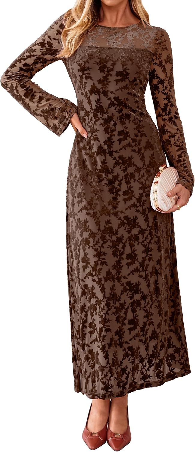 Simplee Womens Velvet Long Sleeve Fall Formal Wedding Guest Maxi Dress
