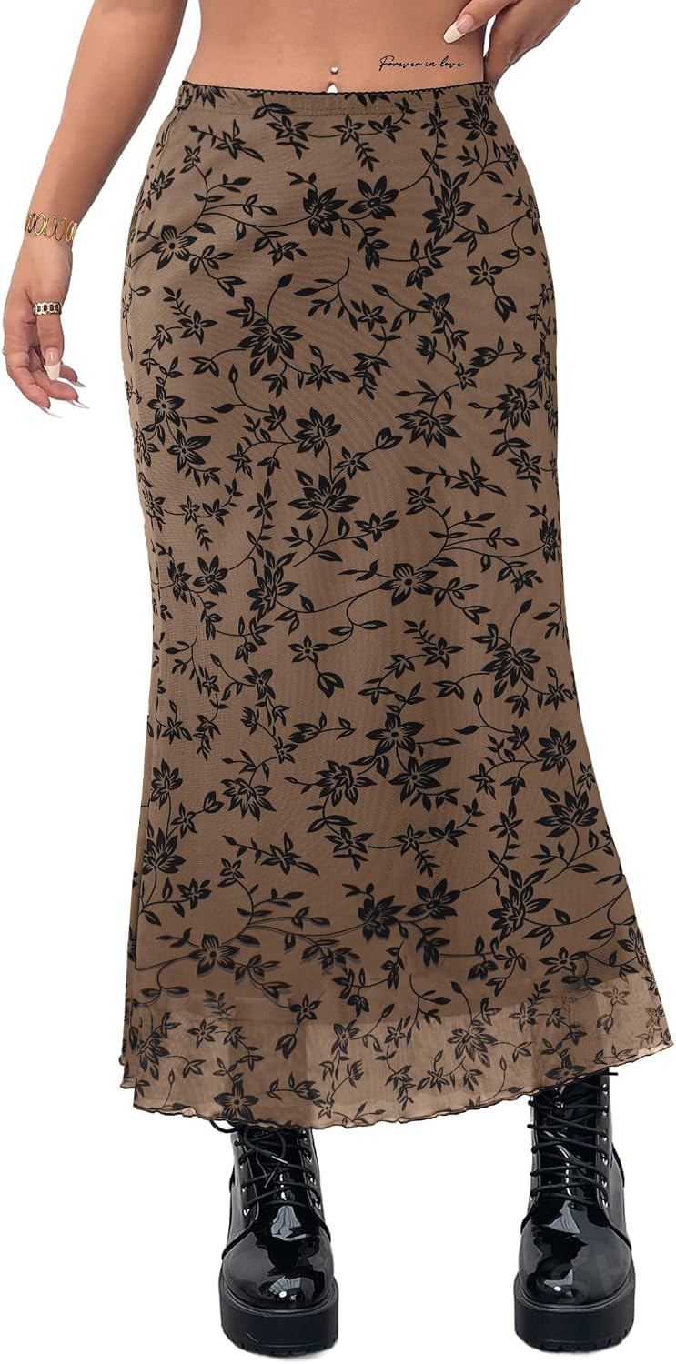 Avanova Women Boho Floral Mesh Long Skirts Elastic High Waisted Mermaid Hem 90s Grunge Maxi Skirt
