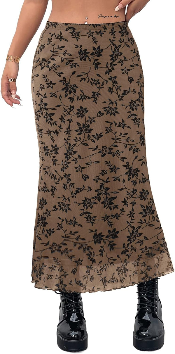 Avanova Women Boho Floral Mesh Long Skirts Elastic High Waisted Mermaid Hem 90s Grunge Maxi Skirt