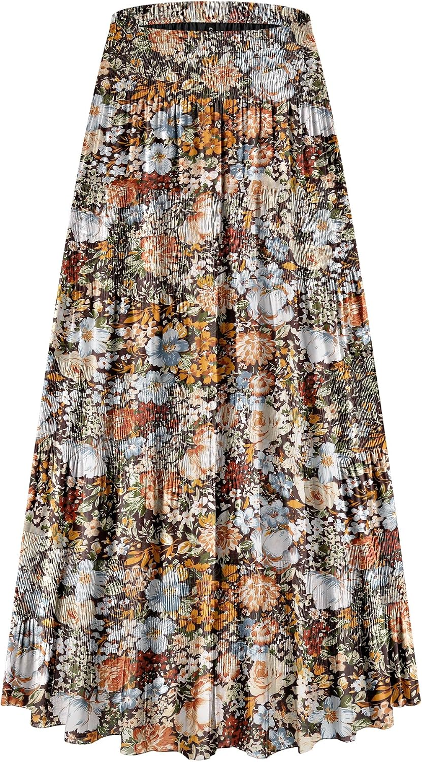 CYiNu Women's Chiffon Elastic High Waist Tiered Pleated Floral Printed A-Line Boho Long Maxi Skirts