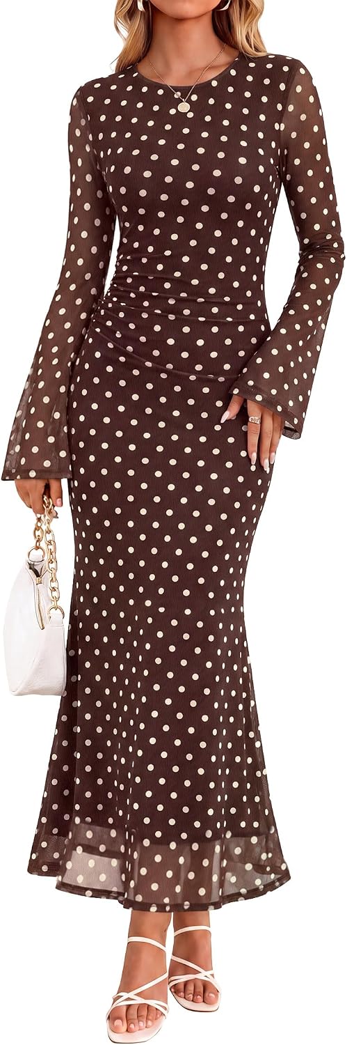 ZESICA Womens Long Sleeve Floral Fall Bodycon Ruched Mesh Maxi Formal Dress