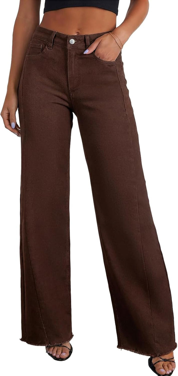 Sidefeel Women's Wide Leg Jeans High Waisted Stretchy Raw Hem