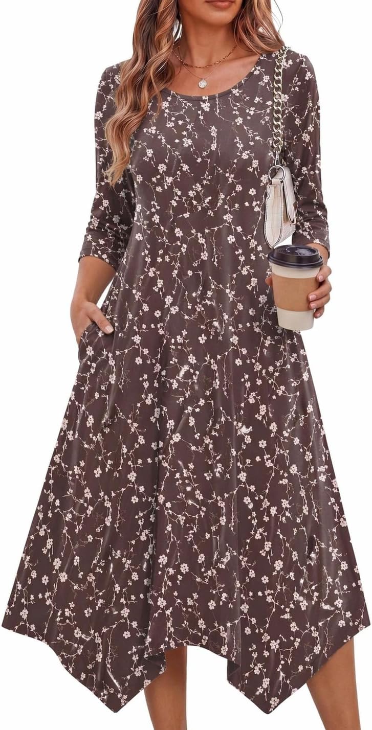 Zeagoo Midi Dresses Women 2026 Dress 3/4 Sleeve A Line Casual Dresses with Pockets
