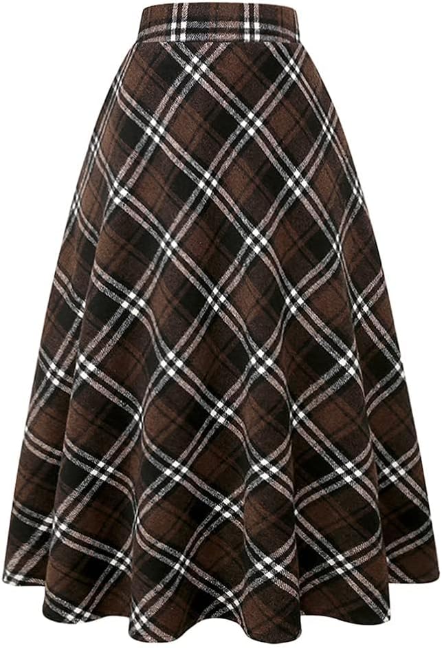 Long Plaid Wool Skirt for Womens Winter Fall Warm High Elastic Waist A line Flared Pleated Wool Tartan Skirts