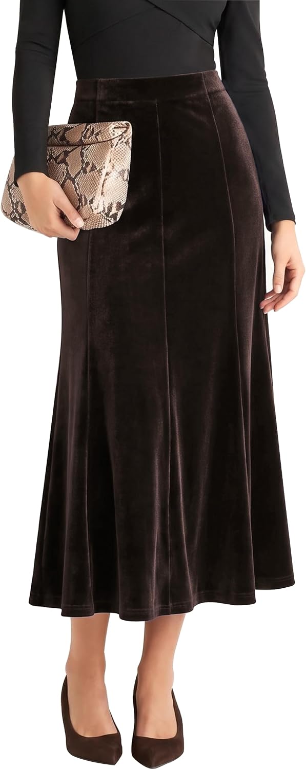 Urban CoCo Women's Velvet A-Line Midi Skirt High-Waisted Stretch