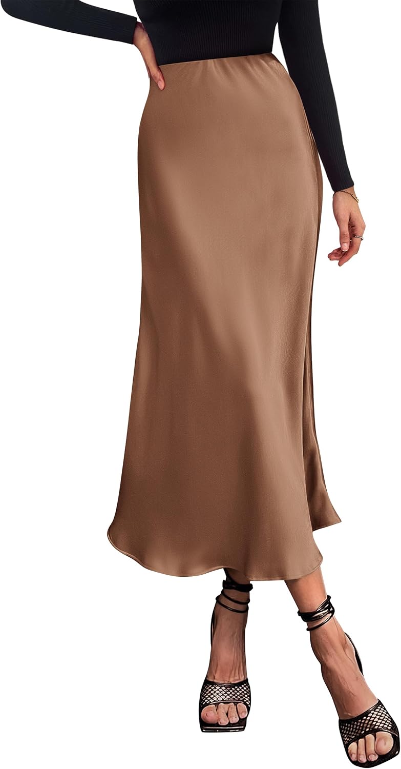 PRETTYGARDEN Women's Satin Midi Skirts Dressy Casual