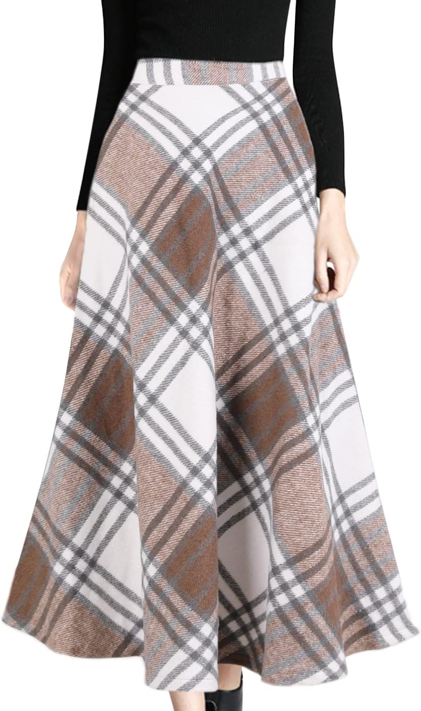 Tanming Womens Plaid Skirt Wool A‑Line Pleated Long Skirt