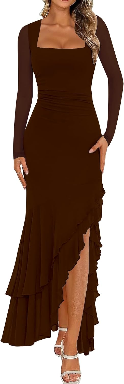 BORIFLORS Women's Bodycon Fall Wedding Guest Long Sleeve Maxi Dress