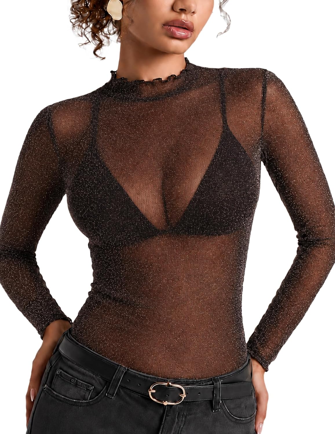Women's Sheer Mesh Top, Mock Neck Long Sleeve Sparkly Going Out Shirt S-XXL