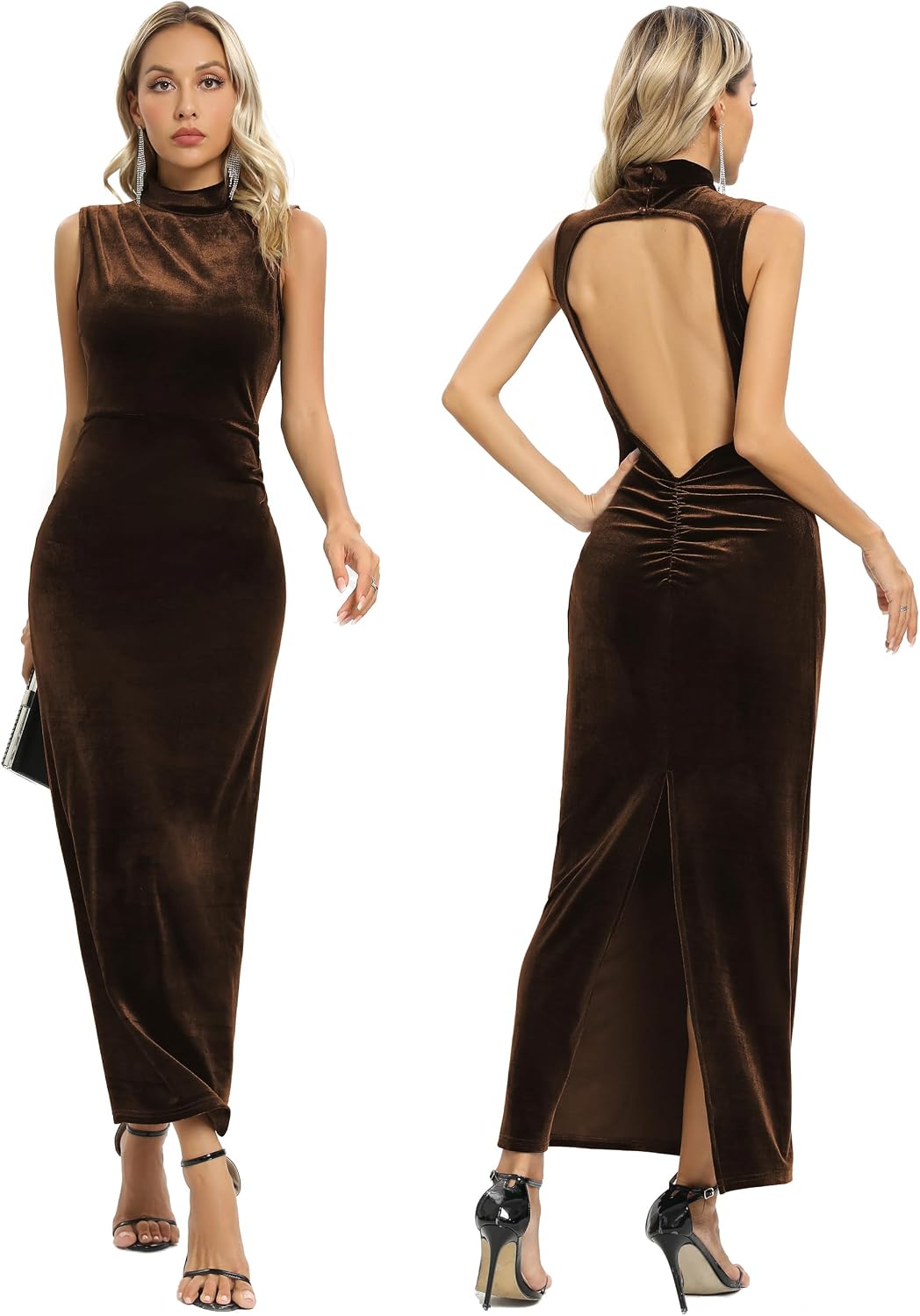Women Backless Velvet Bodycon Maxi Dress High Neck Ruched Slit Party Dress