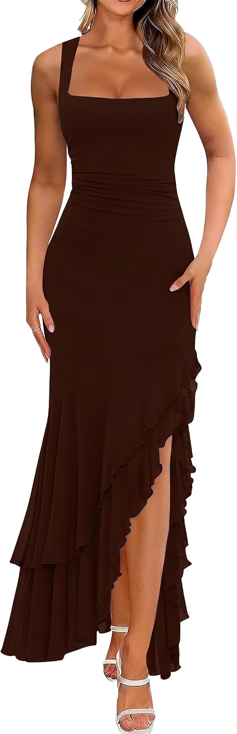 BORIFLORS Women's Elegant Bodycon Ruched Maxi Cocktail Dress