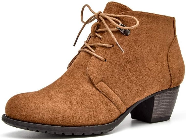 Women's Ankle Boots,Lace-up Round Toe Comfortable Low Heel Dress Booties with Side Zipper