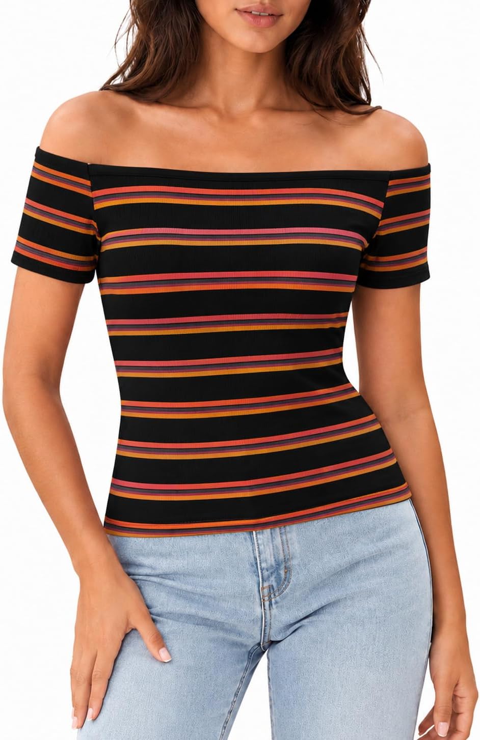 LilyCoco Off The Shoulder Tops for Women Striped Short Sleeve Sexy Going Out Top