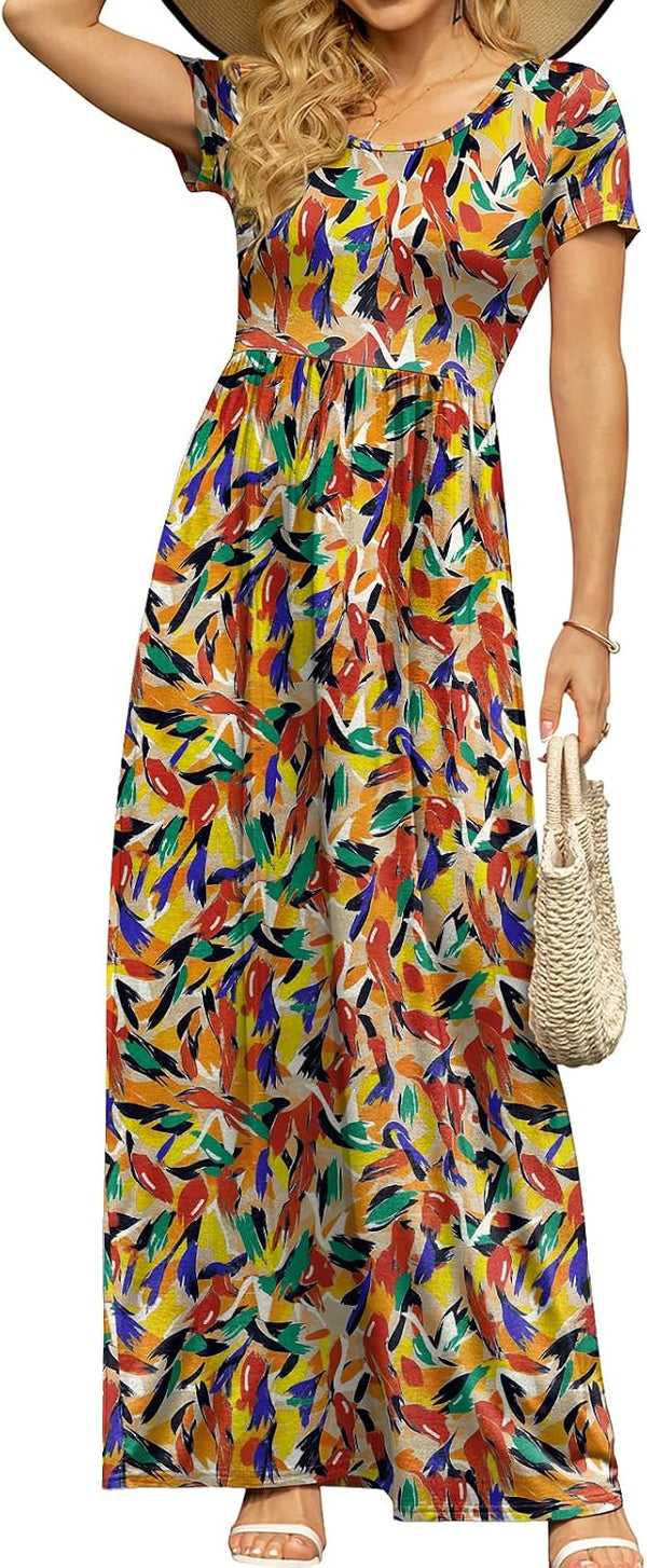 DB MOON Women's Summer Maxi Dress Casual Short Sleeve Empire Waist Pockets