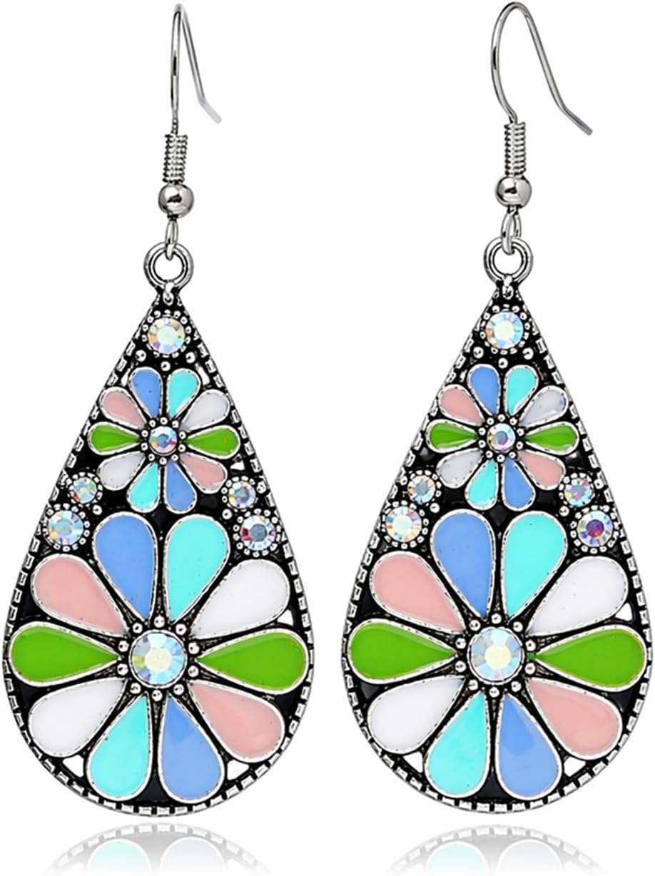 Bohemian Crystal Teardrop Pendant Earring,Vintage Olive Green Hollow Out Flower Floral Dangle Earrings,National Style Geometry Enamel Flower Hook