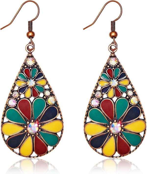 Olive Green Crystal Teardrop Floral Boho Earrings