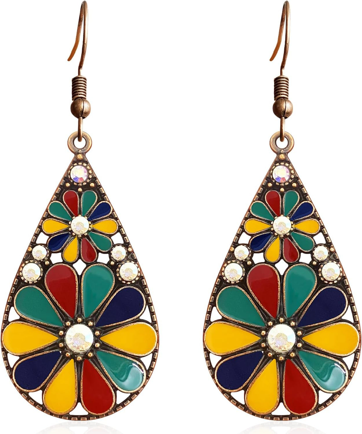 Copper Crystal Teardrop Enamel Flower Earrings