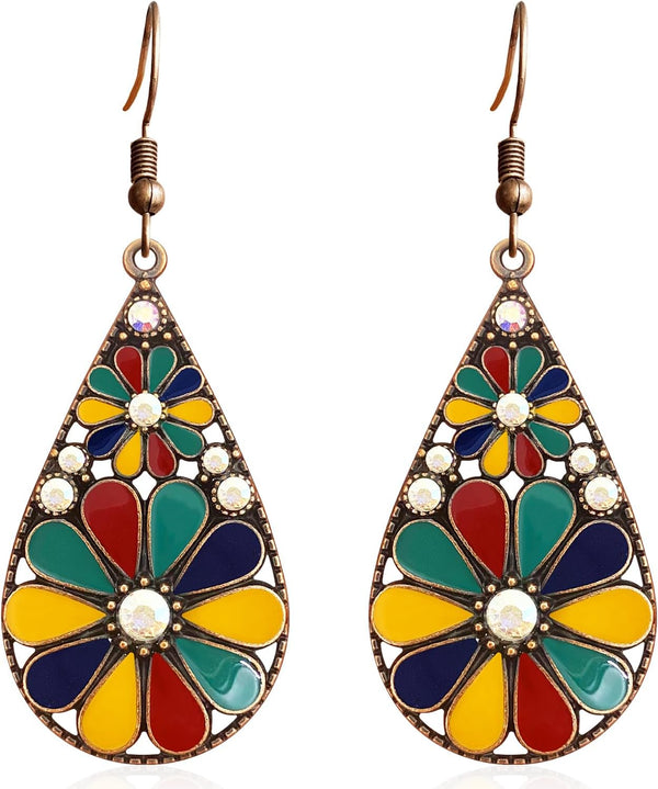 Copper Crystal Teardrop Enamel Flower Earrings