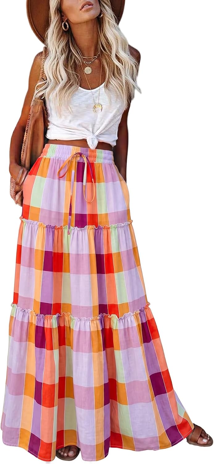 EARKOHA Womens Boho Maxi Skirt 2026 Summer Cruise Casual High Waist Tie Flowy Long Skirt with Pockets For Beach Vacation