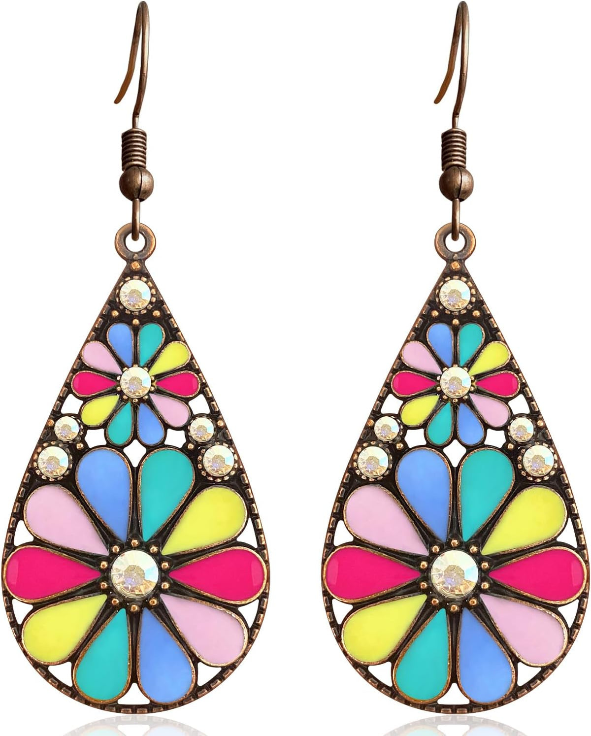 Copper Crystal Teardrop Enamel Flower Earrings