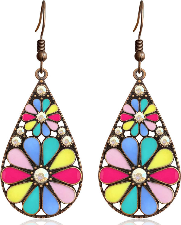 Copper Crystal Teardrop Enamel Flower Earrings