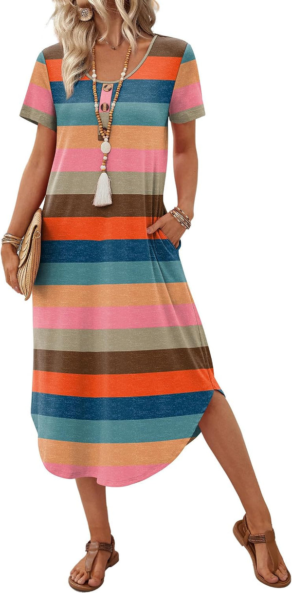 OFEEFAN Summer Dresses for Women 2026 Casual Midi Dresses Beach Vacation Outfits Tshirt Dress with Pockets Resort Wear