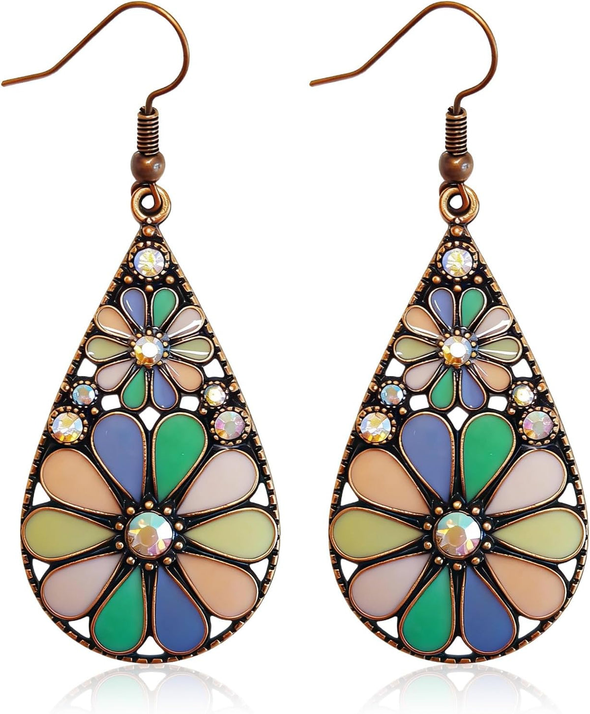 Bohemian Crystal Teardrop Pendant Earring,Vintage Olive Green Hollow Out Flower Floral Dangle Earrings,National Style Geometry Enamel Flower Hook