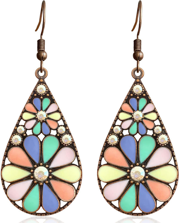 Copper Crystal Teardrop Enamel Flower Earrings