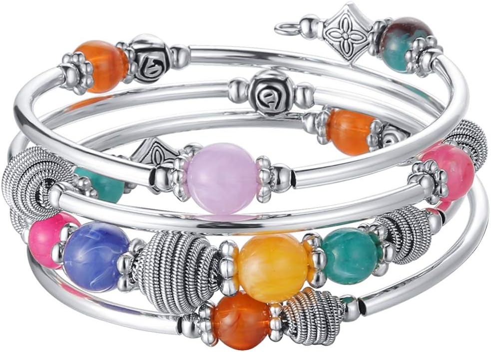 PEARL&CLUB Beaded Chakra Bangle Turquoise Bracelet - Fashion Jewelry Wrap Bracelet with Thick Silver Metal and Mala Beads, Birthday Gifts For Women