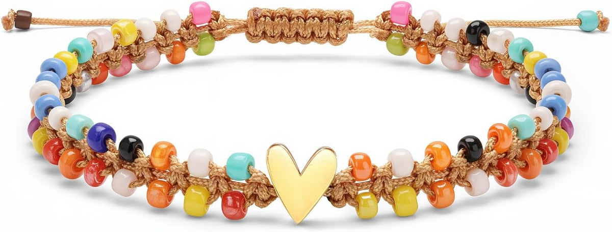 Beaded Bracelet for Women, Double Layer Colorful Seed Bead Bracelet with Heart Charm, Handmade Boho Stackable Bracelet, Adjustable Friendship Jewelry Gift for Women Main image
