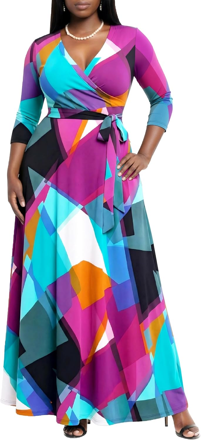AOMONI Women's Maxi Dresses Summer Casual Wrap Tie Waist Long Dress