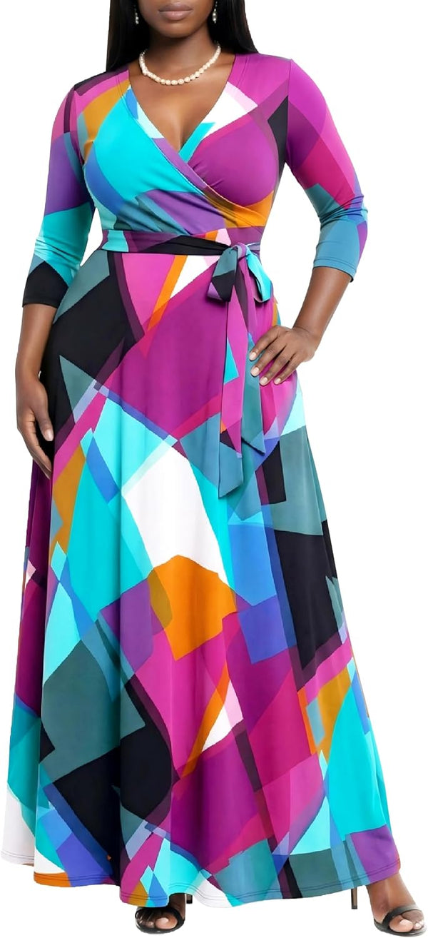 AOMONI Women's Maxi Dresses Summer Casual Wrap Tie Waist Long Dress