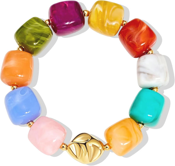Bead Bracelet for Women Vibrant Color Resin Beads Bracelets Elastic Stretch Chunky Bracelet Boho Summer Beach Vacation Jewelry