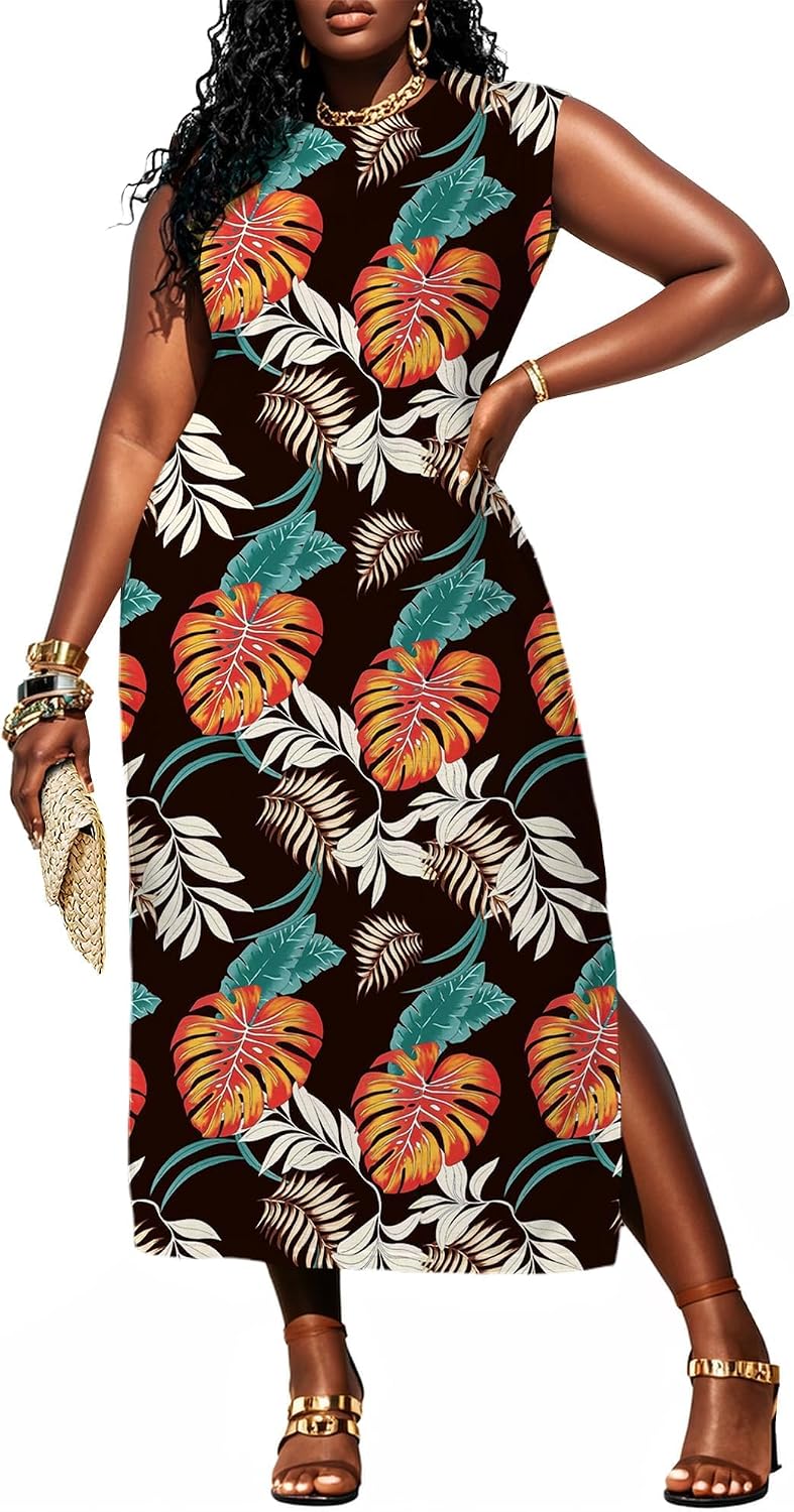 UOUA Women Summer Maxi Dresses Plus Size Casual Hawaiian Sundress Sleeveless Loose Split Beach Dress with Pockets
