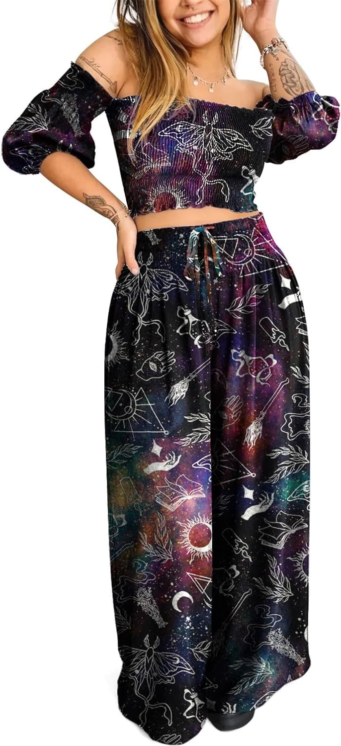 Womens Celestial Clothing Witchy Whimsigoth Outfits Cotton Co-ord Lounge Set Summer Vacation Travel Clothes