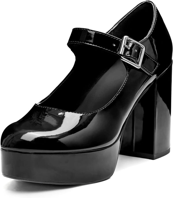 Coutgo Womens' T-Strap Round Toe Chunky Platform Heels Patent Mary Jane Dress Shoes