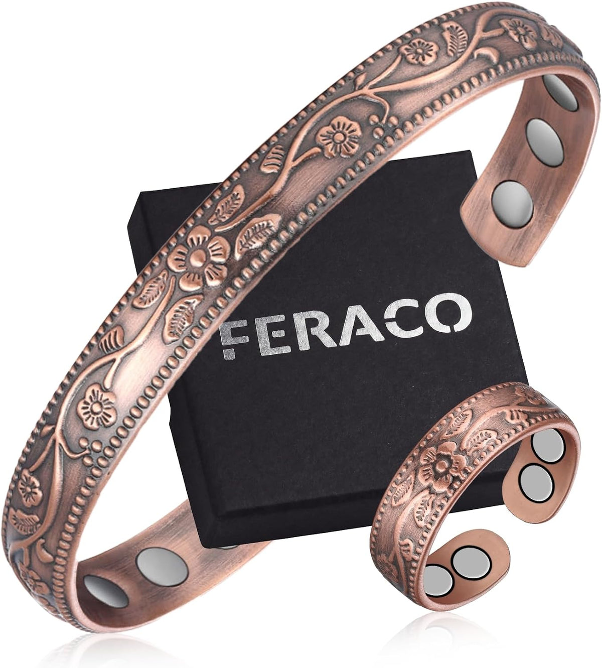 Feraco Copper Bracelet & Rings for Women, Vintage Flower Magnetic Bangle