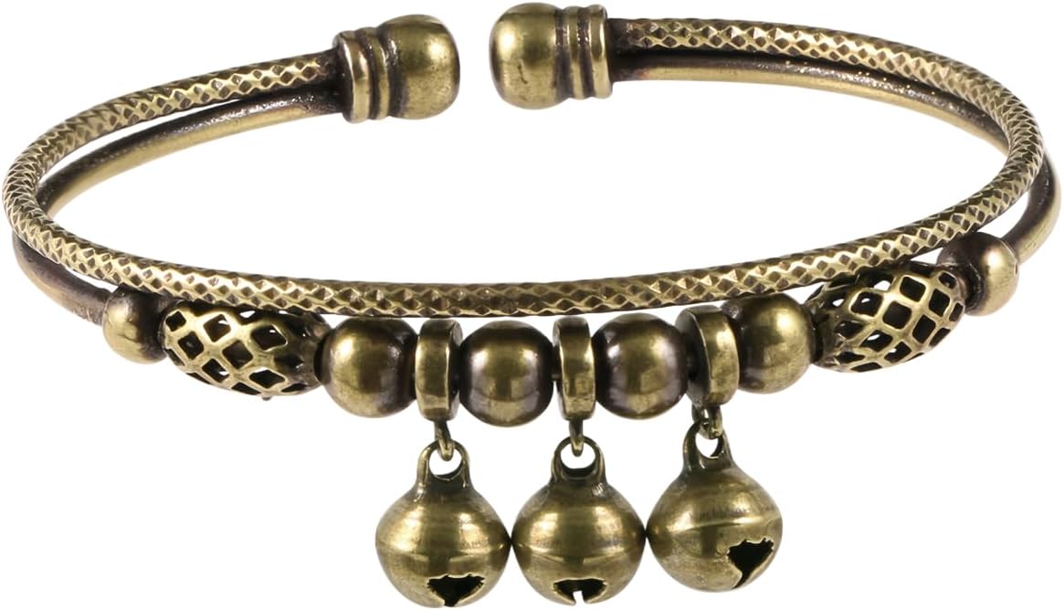 Vintage Bell Bracelet for Women, Bronze Adjustable Bangle, Retro Ethnic Charm Bracelet Tribal Brass Style Wristband Dangling Jingle Bells Boho Statement Festival Hand Accessory Jewelry