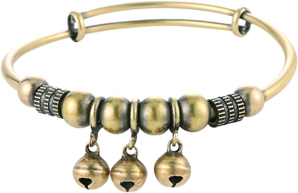 Vintage Bell Bracelet for Women, Bronze Adjustable Bangle, Retro Ethnic Charm Bracelet Tribal Brass Style Wristband Dangling Jingle Bells Boho Statement Festival Hand Accessory Jewelry