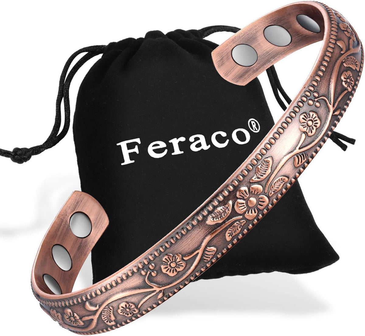 Feraco Copper Bracelet & Rings for Women, Vintage Flower Magnetic Bangle