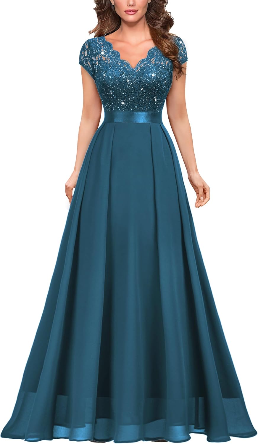 Miusol Women's V-Neck Sequined Floral Lace Formal Evening Maxi Dress