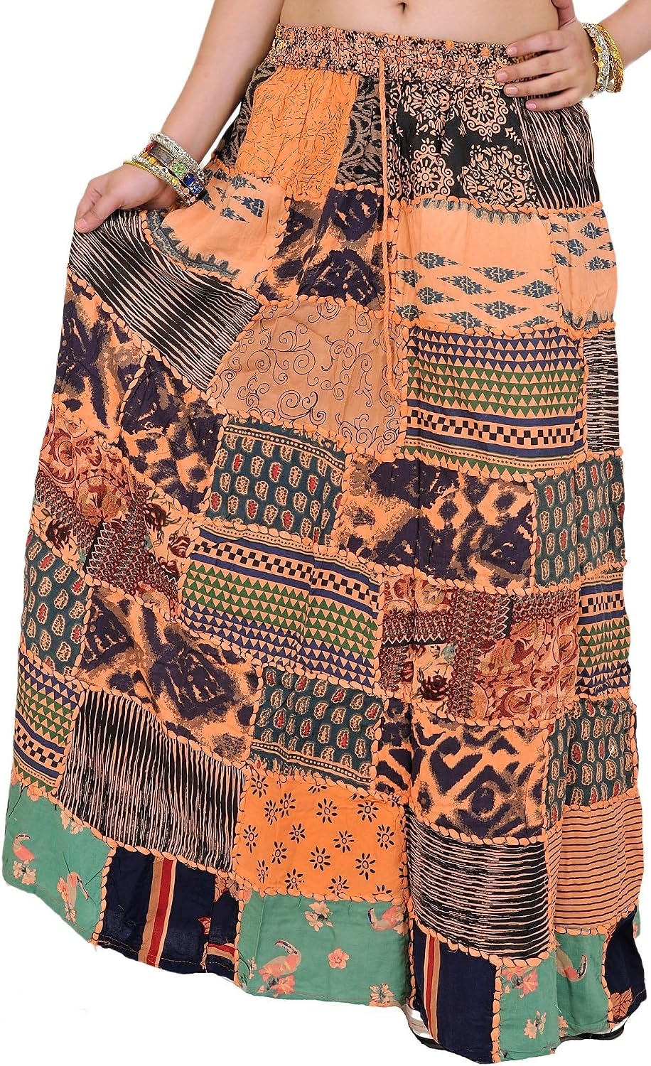 Exotic India Long Printed Dori Skirt from Gujarat with Patch Work - Rayon