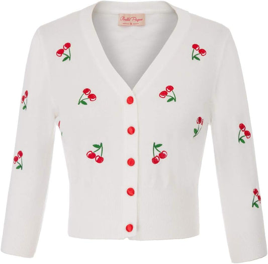 Belle Poque Women's 3/4 Sleeve V-Neck Button Down Cherries Embroidery Cropped Cardigan Sweater Coat
