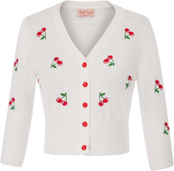 Belle Poque Women's 3/4 Sleeve V-Neck Button Down Cherries Embroidery Cropped Cardigan Sweater Coat
