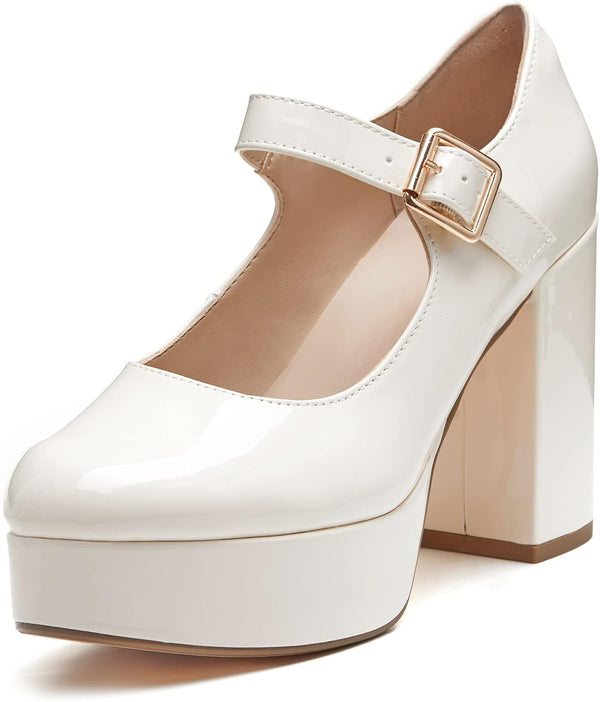 Coutgo Womens' T-Strap Round Toe Chunky Platform Heels Patent Mary Jane Dress Shoes