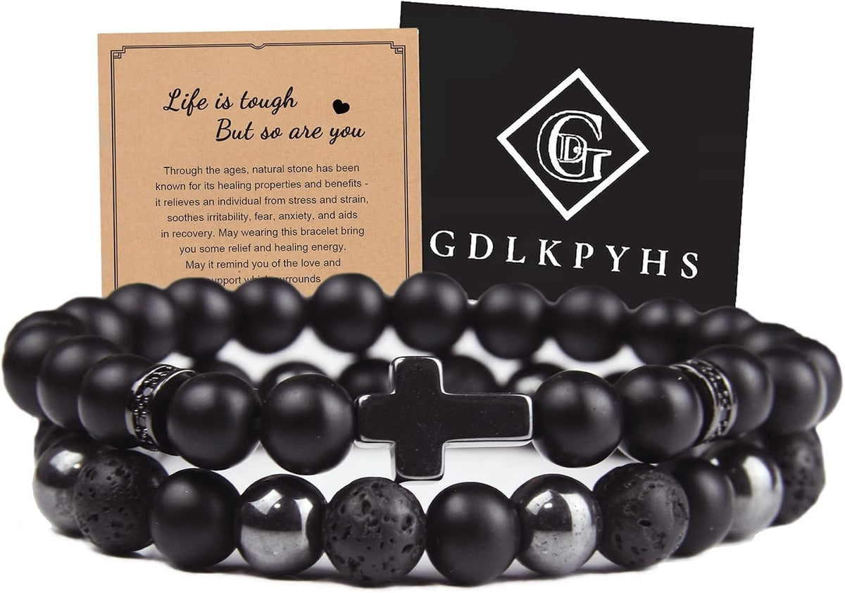 Black Obsidian Bracelet for Men - Black Tourmaline Beaded Bracelets - Mens Bracelet Set 8MM Black Onyx Hematite Lava Stone Beads Triple Protection Bracelet for Men Women Gifts