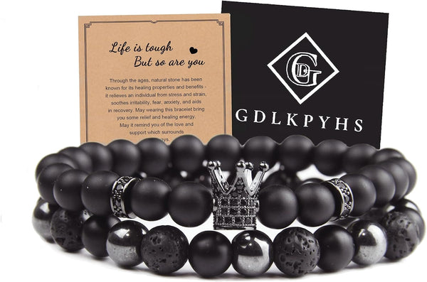 Black Obsidian Bracelet for Men - Black Tourmaline Beaded Bracelets - Mens Bracelet Set 8MM Black Onyx Hematite Lava Stone Beads Triple Protection Bracelet for Men Women Gifts