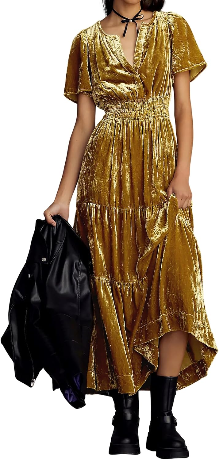 R.Vivimos Womens Fall Winter Velvet Elastic Waist Maxi Dress