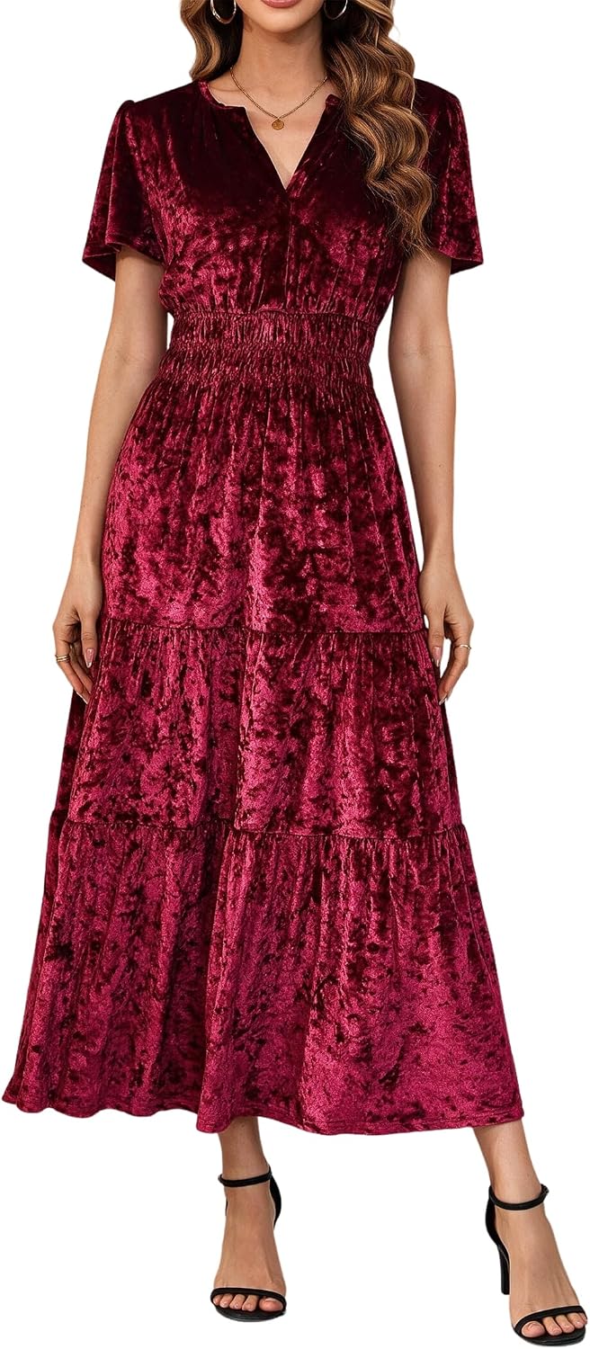 R.Vivimos Womens Fall Winter Velvet Elastic Waist Maxi Dress