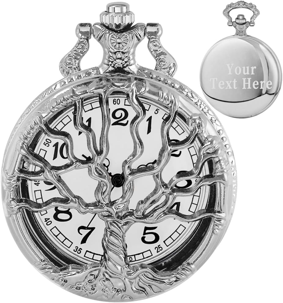 Pocket Watch Hollow Tree of Life Design Roman Numerals Customizable Qu